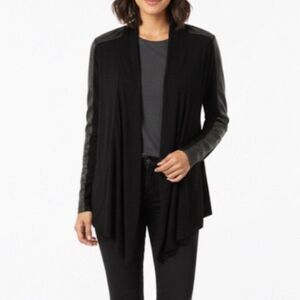 Alice & Olivia Black Tencel Knit Italian Lamb Leather Detail Open Cardigan Sz L
